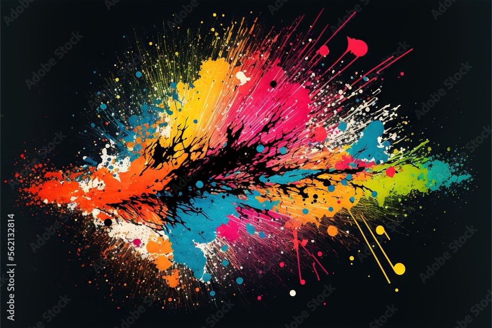 Poster a colorful explosion of paint splattered on a black background with a black background and a black b
