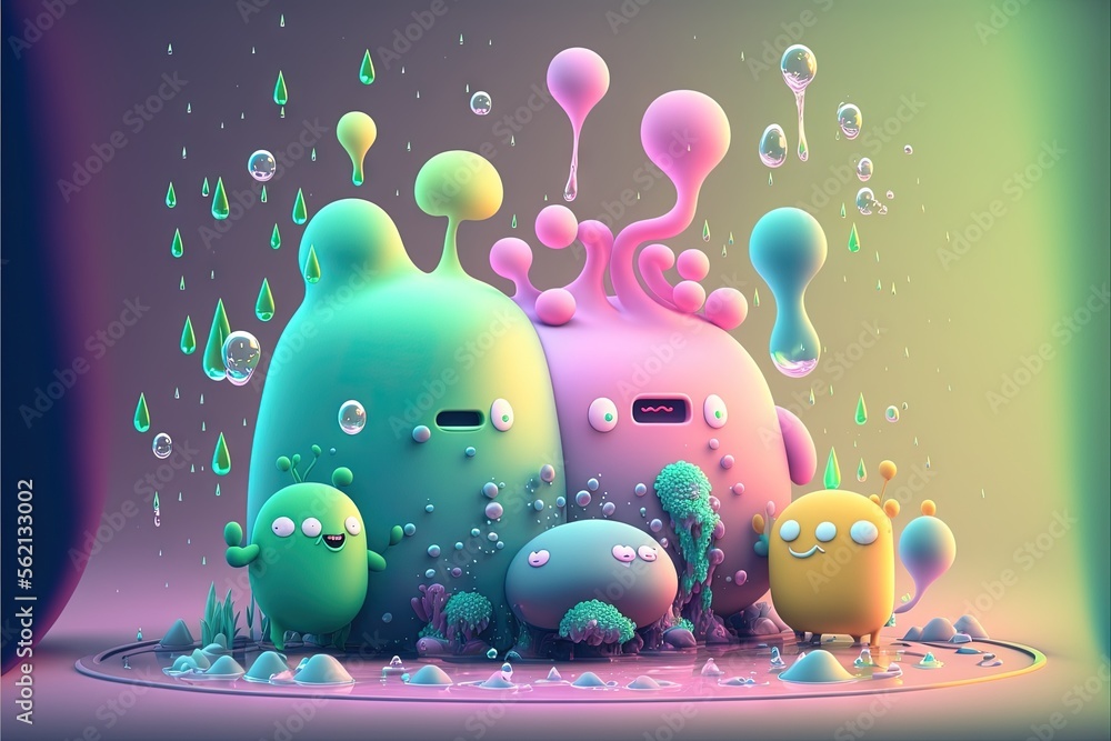 Aufkleber a group of colorful objects floating in the air with bubbles and bubbles around them, all in differe