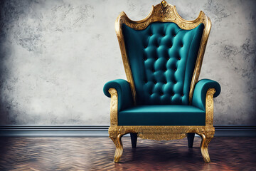 front view of empty golden royal throne with green fabric standing on brown tile wooden floor in front of white gray marble wall generative AI 