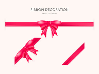 Decorative pink bow with horizontal ribbon isolated on white background. Vector illustration