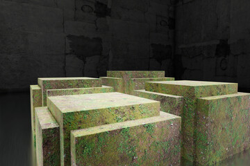 Moss covered boxes that serve as product presentation stage for organic, health, natural beauty and or health products. 