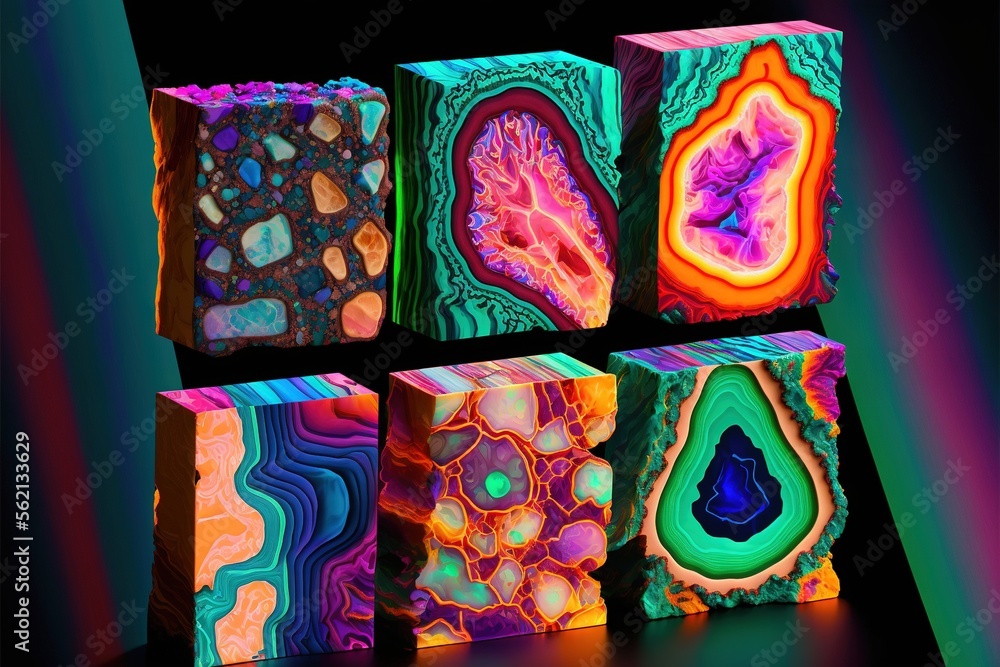 Aufkleber a group of four colorful boxes with different designs on them, all of which are different colors and