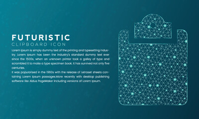Blue futuristic clipboard icon concept with polygon node connected dots and neon effect