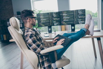 Full size profile photo of smart hardware expert sit chair keyboard write create code workplace...