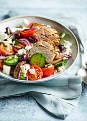Greek salad with chicken. Close-up