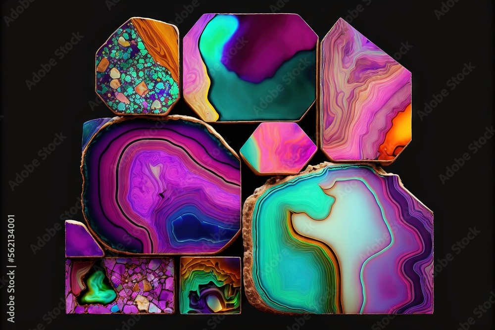 Poster a group of colorful rocks sitting on top of each other on a black background with a black frame arou