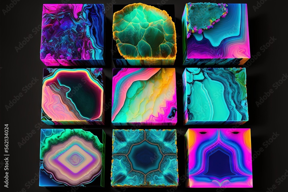 Poster a group of different colored squares with a black background , generative ai