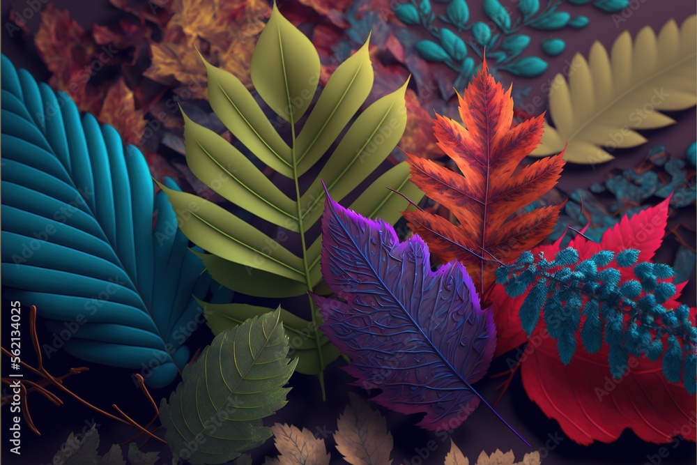 Poster a bunch of different colored leaves on a table top with a black background with a red, green, and bl