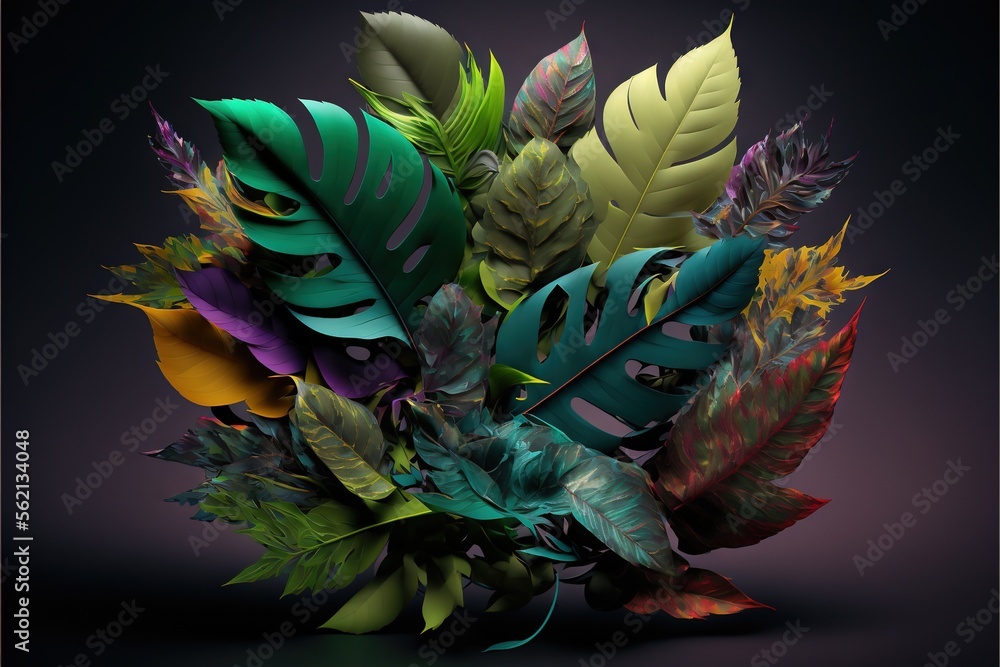 Poster a bunch of leaves that are on a table top with a black background in the background is a purple back