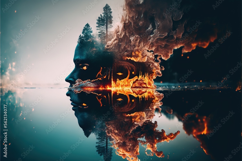 Poster a man's face is shown with fire coming out of it and a reflection of trees in the water behind it, w