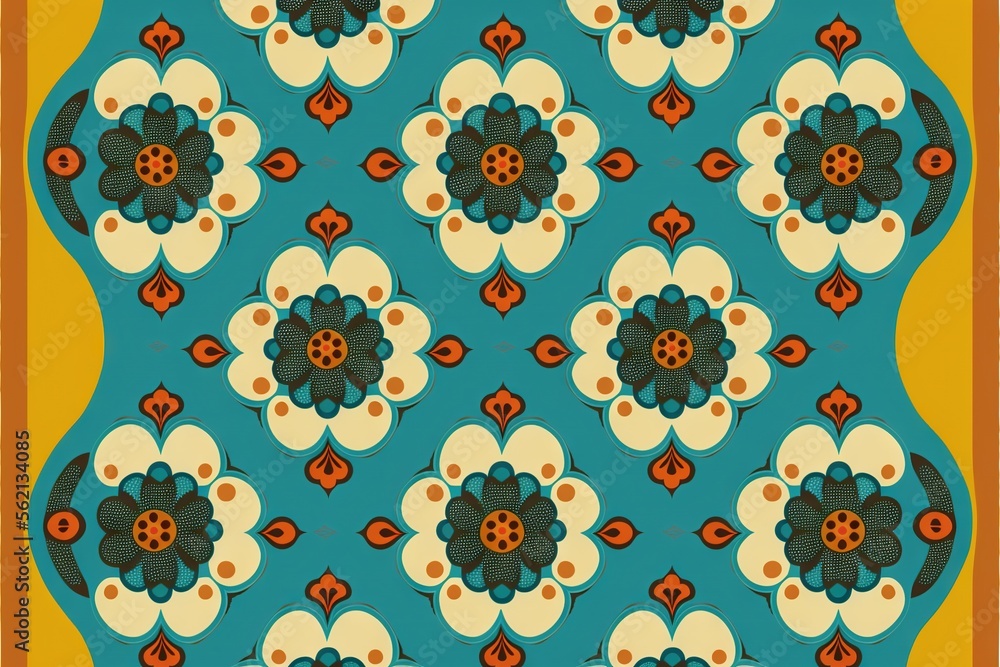 Poster a blue and yellow floral design with circles and dots on it, with a yellow border around the edges o