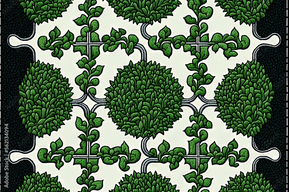 Poster a green and white pattern with leaves on it's sides and a cross on the top of the pattern, with a bl
