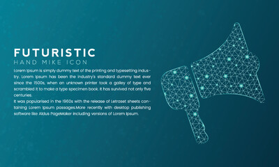 Blue futuristic hand mike icon concept with polygon node connected dots and neon effect