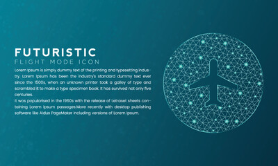 Blue futuristic flight mode icon concept with polygon node connected dots and neon effect