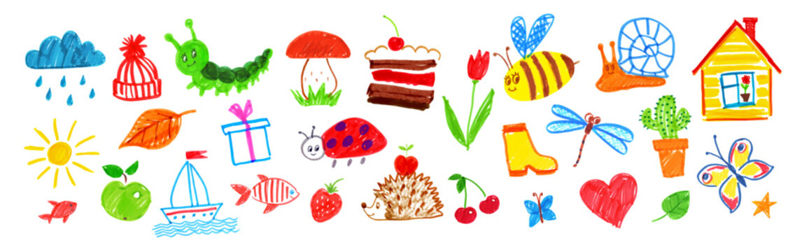 Felt pen childlike drawing illustration collection