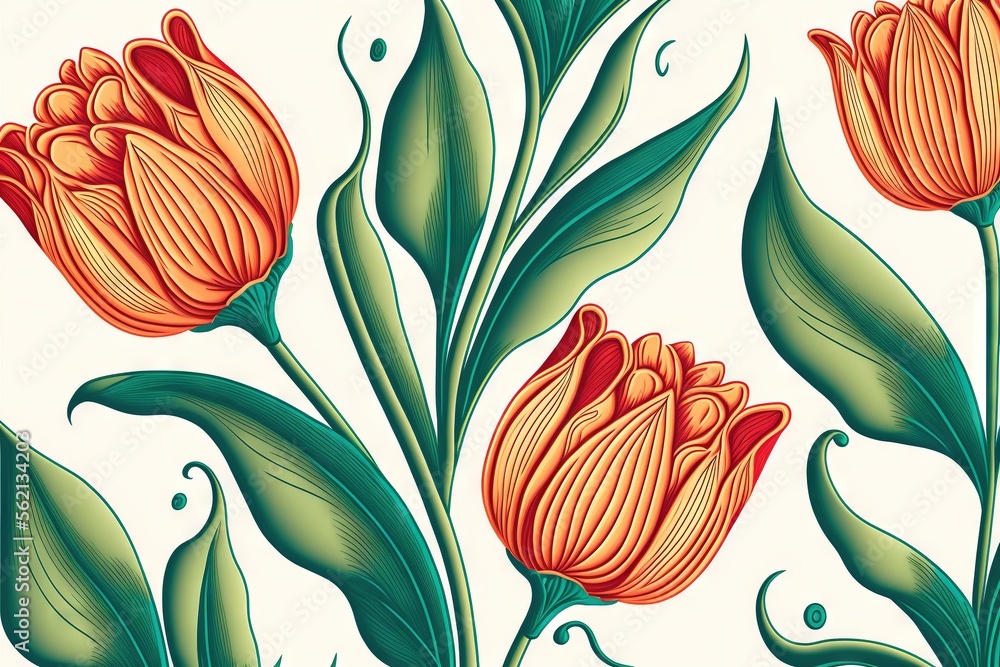 Poster a drawing of a flower with green leaves on a white background with a green stem and a red flower on 