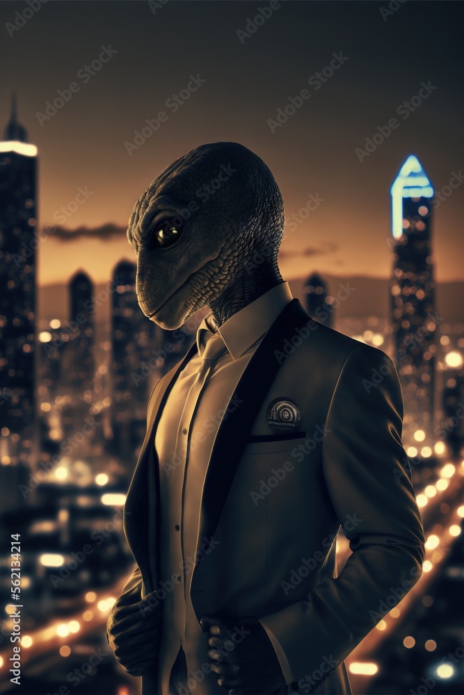 Poster a man in a suit and tie standing in front of a cityscape at night with a lizard head on his jacket a