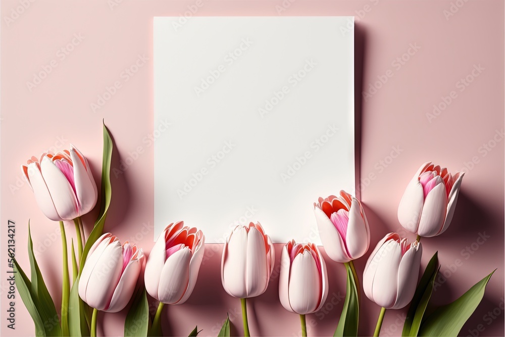 Poster a pink background with a white sheet of paper and pink tulips on the bottom of the image and a pink 