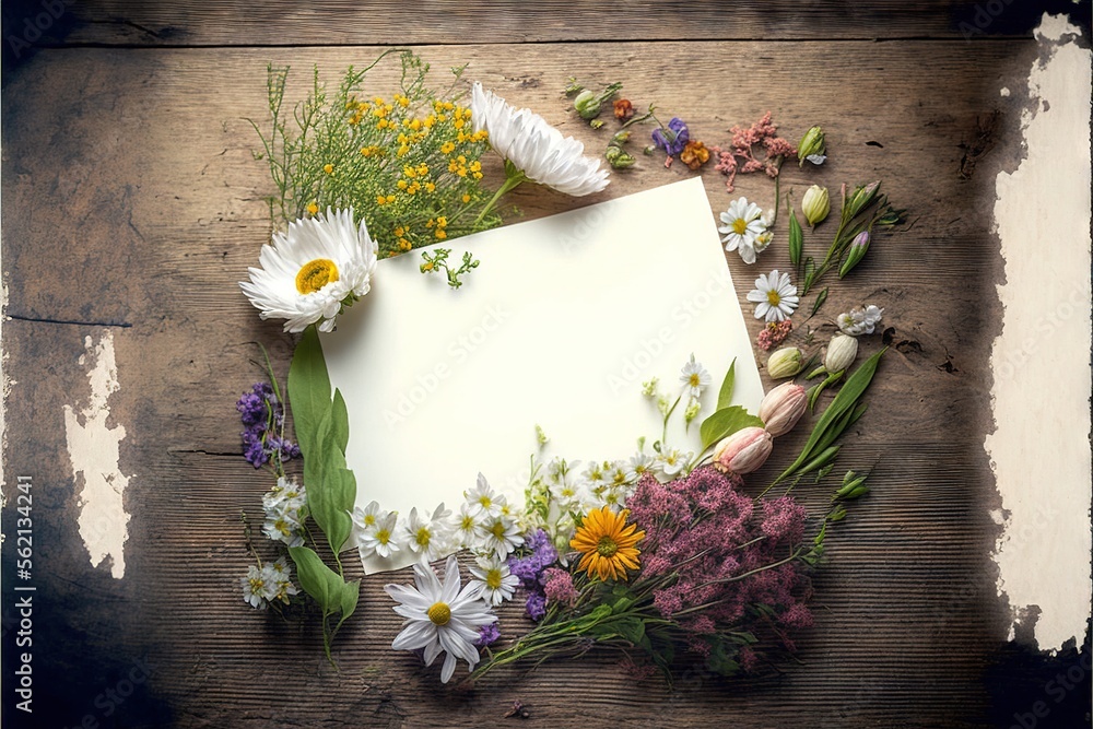 Poster a picture of a bunch of flowers on a table with a paper on it and a bunch of flowers on the table ne