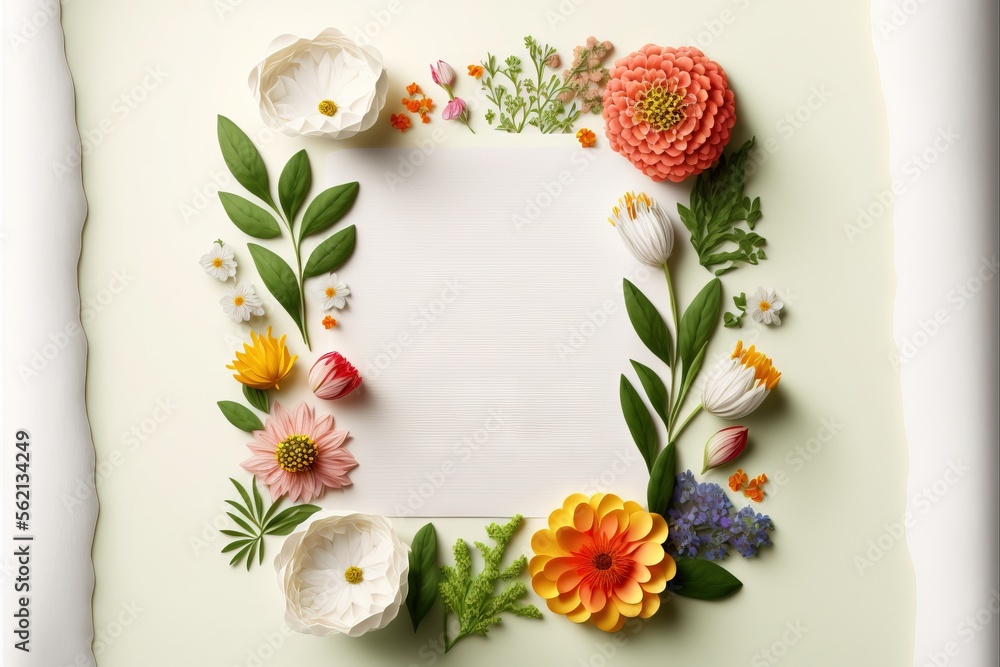 Aufkleber a white paper with flowers and leaves around it on a white background with a white sheet of paper in