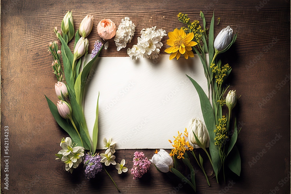 Poster a picture frame with flowers and a paper on a table top with a wooden background with a place for a 