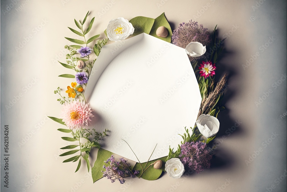 Poster a white paper surrounded by flowers and greenery on a gray background with a white corner for text o