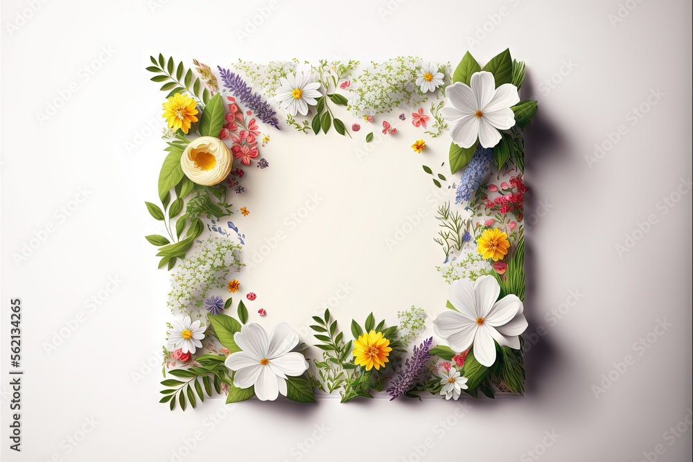 Poster a paper flower frame with a white background and a white background with flowers and leaves on it, w