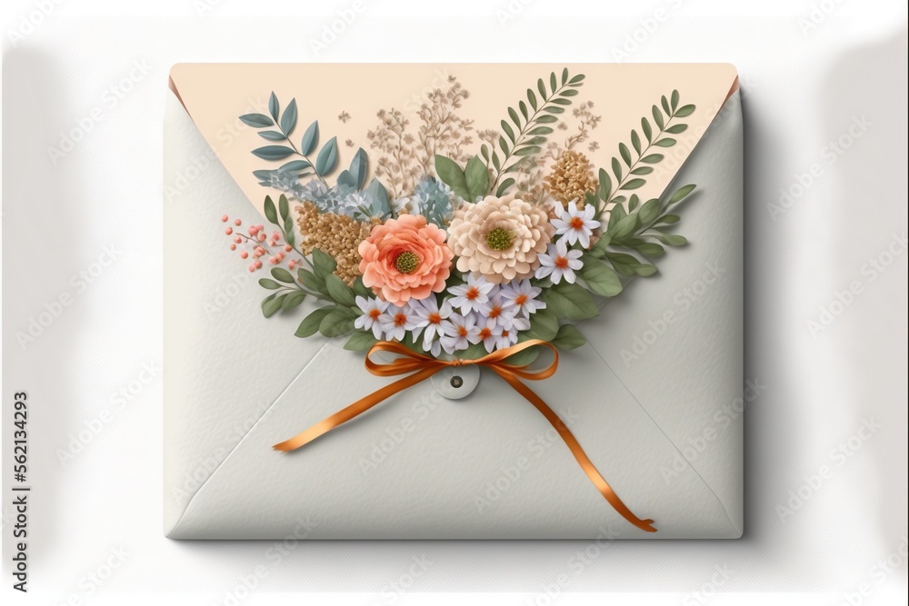 Aufkleber a card with a bouquet of flowers on it and a ribbon tied around it, on a white envelope with a gold 
