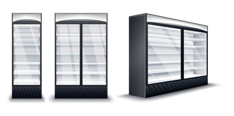 Commercial fridges. Realistic empty refrigerators set. Supermarket commercial freezer equipment. Freeze appliances for drinks and food - obrazy, fototapety, plakaty