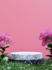 Simple minimalist circle ceramic stone podium and pink wall with pink flower trees and grass, 3d...