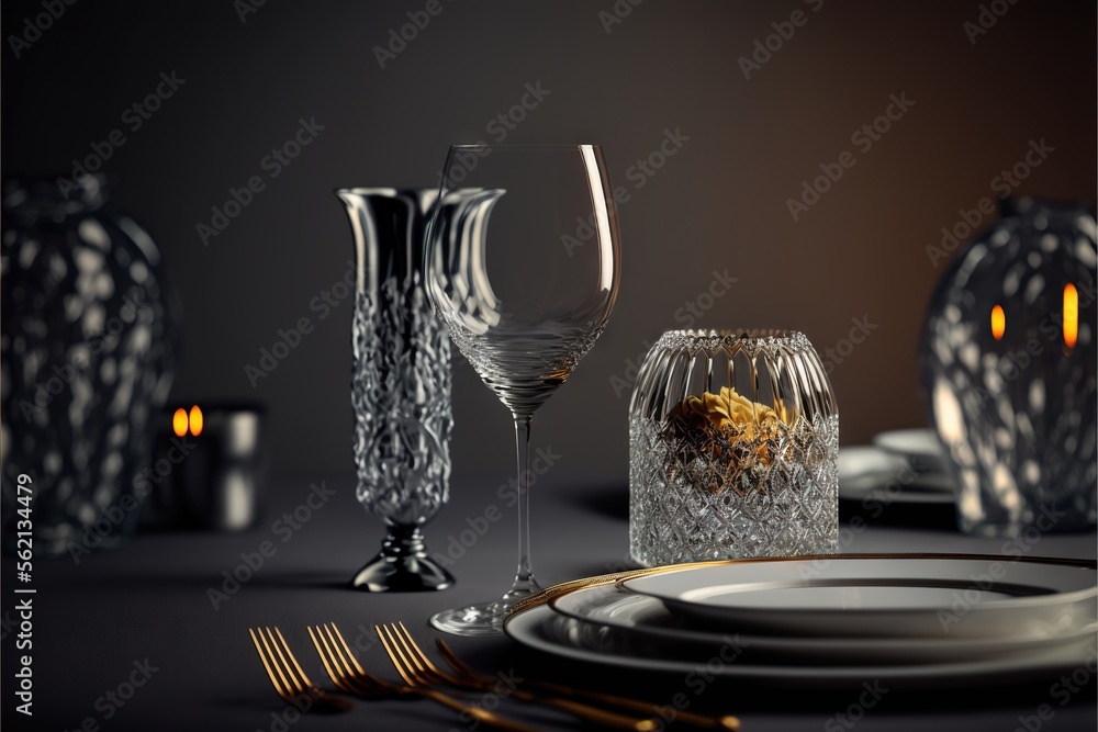 Poster a table with a plate, silverware and a glass vase with a flower in it and a candle holder with a can