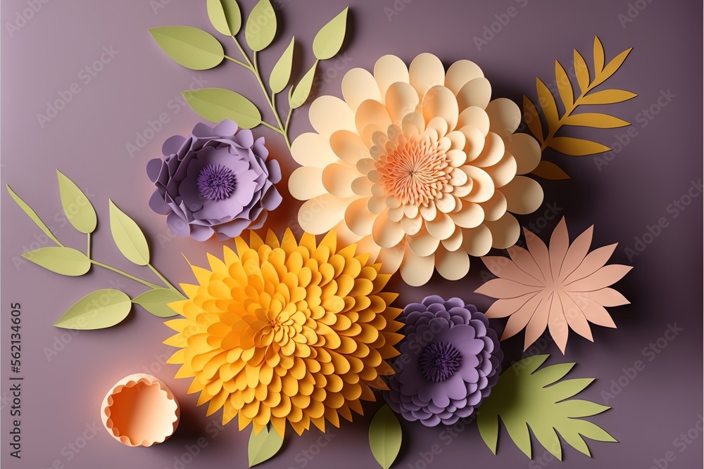 Aufkleber a paper flower arrangement with leaves and eggshells on a purple background with a shadow of leaves 