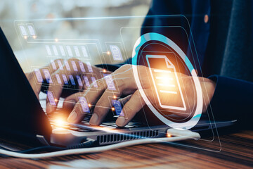 Document management concept, Businessman using computer to document management concept, online...