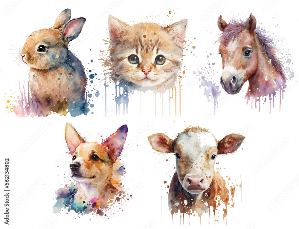 Canvas Prints Safari Animal set cow, cat, horse, hare, dog in watercolor style. Isolated vector illustration