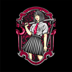 samurai girl illustration for t shirt design