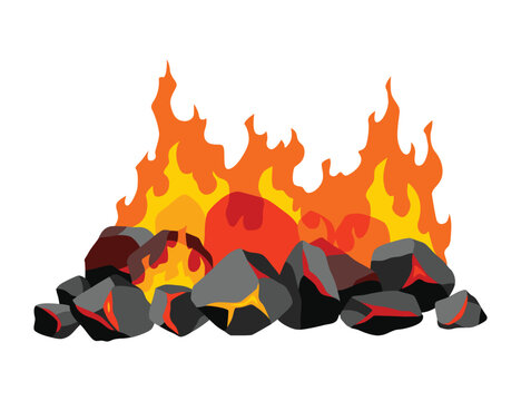Burning coal. Realistic bright flame fire on coals heap. Closeup vector illustration for grill blaze fireplace, hot carbon or glowing charcoal image