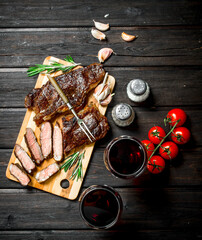 Grilled beef steak with red wine.