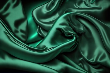 Dark green silk satin background. Beautiful soft folds on the smooth surface of the fabric. Luxury background with copy space for design. Wide banner. Top view. Flat lay
