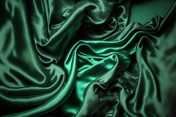 Obraz premium Dark green silk satin background. Beautiful soft folds on the smooth surface of the fabric. Luxury background with copy space for design. Wide banner. Top view. Flat lay