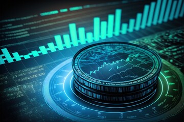 Blue money business graph finance chart diagram on economy 3d coin background with growth financial data concept or investment market profit bar and success market stock technology currency report