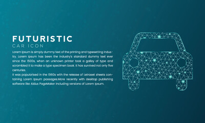 Blue futuristic car icon concept with polygon node connected dots and neon effect