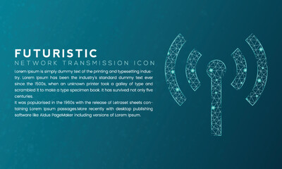 Blue futuristic network transmission icon concept with polygon node connected dots and neon effect