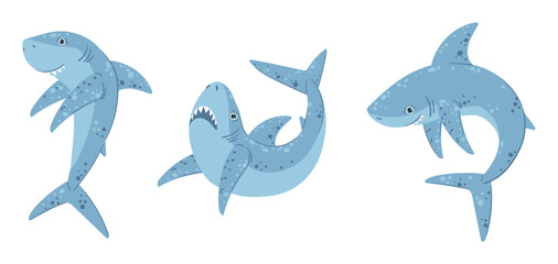 Cartoon ocean shark mascots. Cute marine predator creature, swimming shark underwater creature. Ocean shark predators flat vector symbols illustration set