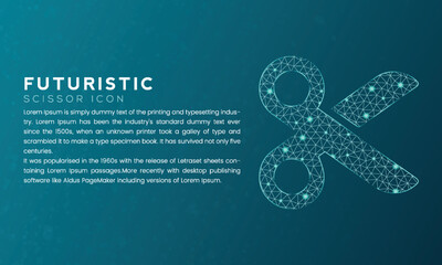 Blue futuristic scissor icon concept with polygon node connected dots and neon effect