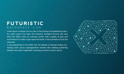 Blue futuristic backspace icon concept with polygon node connected dots and neon effect
