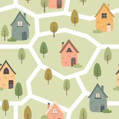 Cute houses, childish seamless pattern vector illustration. Cartoon scandinavian cityscape, Wallpaper for child fabric, for baby textile and nursery - 562137029