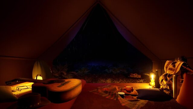 View from a cozy tourist tent to bright lightning with a dark forest on a rainy, summer night.