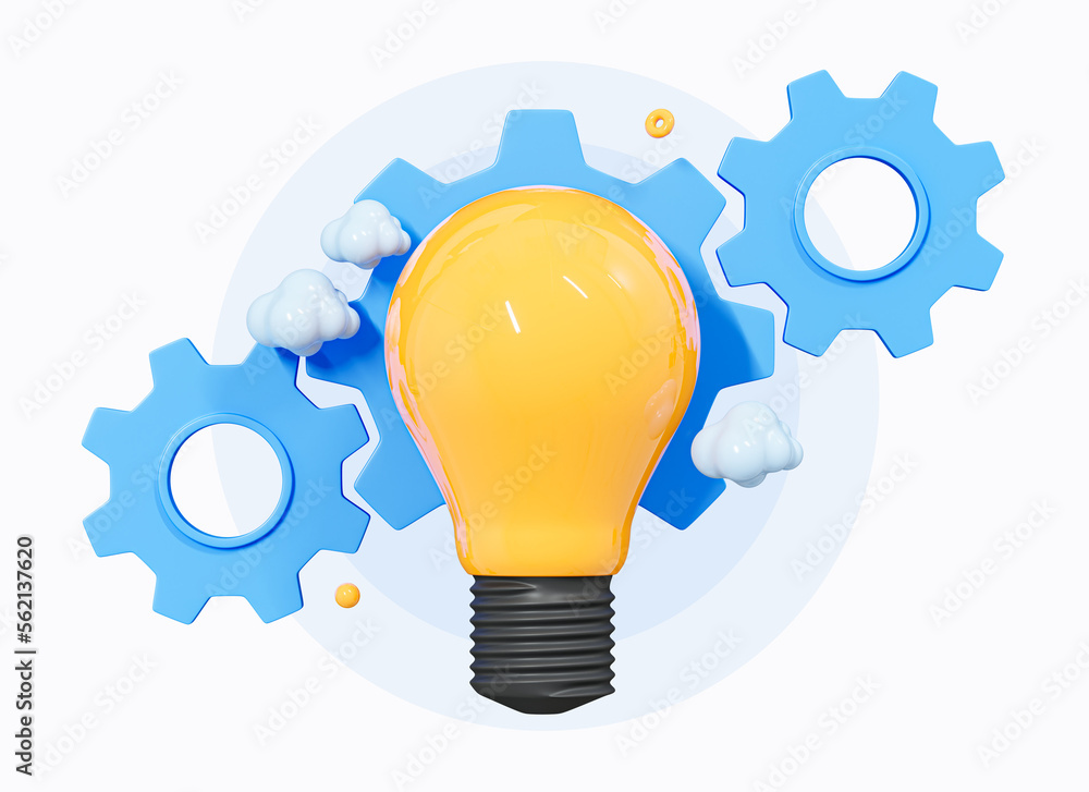 Poster 3d innovation idea concept. lightbulb with gears. success solution. lamp with cog. teamwork progress