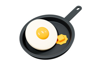 3D Fried egg and butter on frying pan. Cooking breakfast. Healthy morning meal emoji. Omelet on skillet. Realistic element. Cartoon creative design icon isolated on white background. 3D Rendering