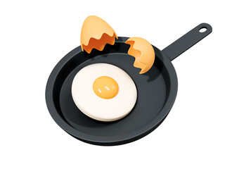 3D Cracking egg into frying pan. Cooking breakfast. Realistic fried egg emoji. Healthy morning meal. Omelet on skillet. Cartoon creative design icon isolated on white background. 3D Rendering